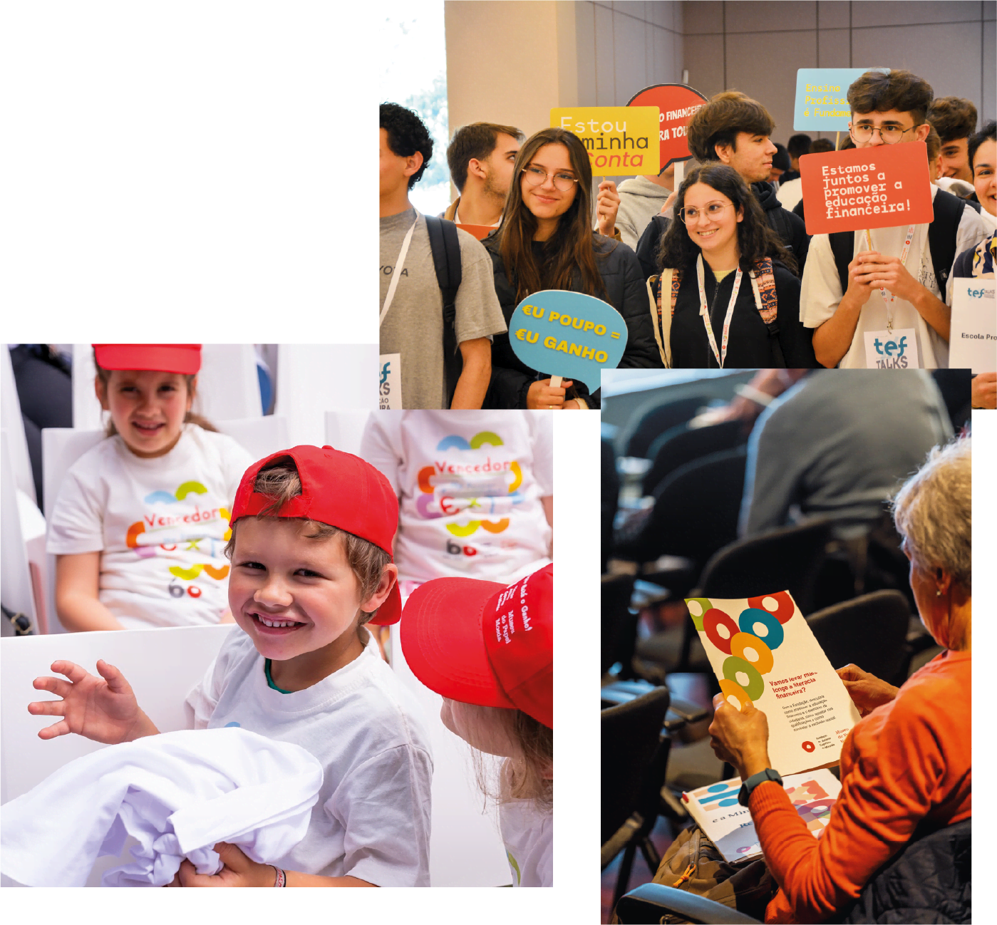 Cenas de um evento de literacia financeira, com jovens, crianças e adultos.